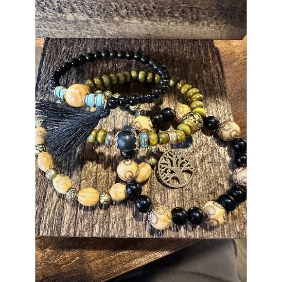 Boho Hippie Bracelet, Tassel Tree Of Life Pendant Stacked Wooden Bead Stretch B - Picture 6 of 8
